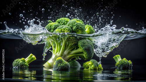 A heap of fresh broccoli diving into water, producing a dramatic splash contrasted beautifully against a dark background