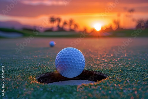 Illustration of golf ball holed up at sunset, high quality, high resolution
