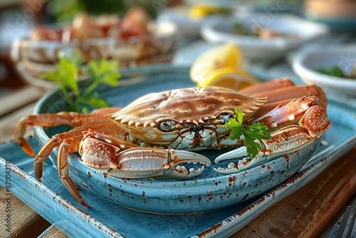 Crab in a blue table. fresh seafood seafood, high quality, high resolution