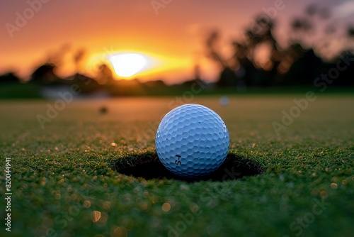 Featuring a golf ball holed up at sunset, high quality, high resolution