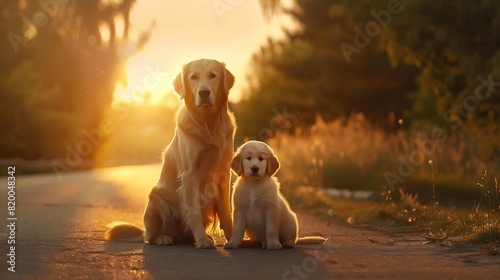 little puppy golden retriever dog sits with adult dog golden retriever dog in summer on the road at sunset : Generative AI