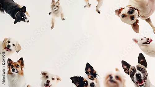 Art collage made of funny dogs different breeds posing isolated over white studio background Concept of motion action pets love animal life Look happy delighted Copyspace for ad flyer : Generative AI
