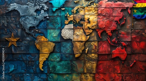 The flags of various countries create a vibrant world map on a wall