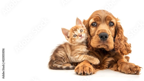 Curious English cocker spaniel puppy dog hugs kitten Pets look away and up together on empty space isolated on white background : Generative AI