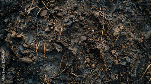 Close-up overhead shot of moist peaty soil, showing the intricate details of decomposed vegetation and organic content, perfect for backgrounds emphasizing fertility and natural growth