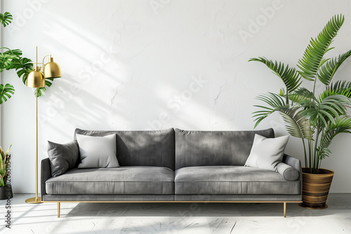 Urban jungle style livingroom with gray sofa golden lamp and plants in pots on white wall background. 3d rendering.