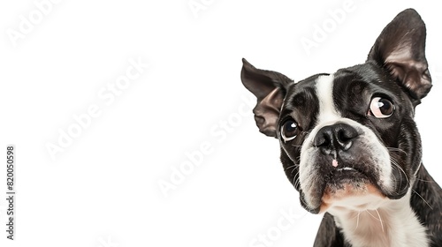 Studio headshot portrait of Boston terrier dog with head tilted looking forward against a white background : Generative AI