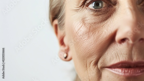 50s middle aged old woman looking at camera isolated on white background advertising dry skin care treatment anti age skincare beauty plastic surgery cosmetology procedures Close up ha : Generative AI