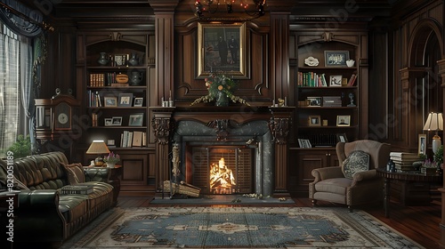 A living room with a grand fireplace, its mantel adorned with family photos, and a cozy sofa perfect for family gatherings.
