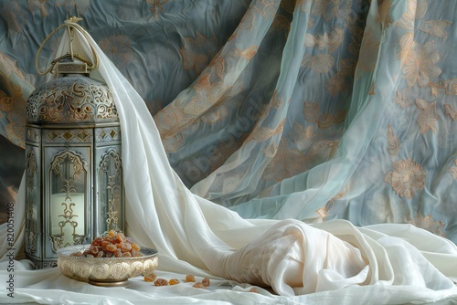 Digital artwork of islamic lantern sits next to a white cloth and a pair of raisins