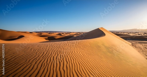 A vast desert landscape with golden sand dunes, a clear blue sky, and the sun casting long shadows on the rippled sand.