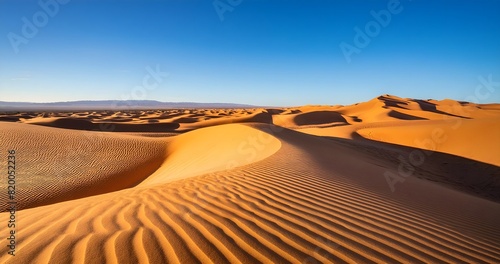 A vast desert landscape with golden sand dunes, a clear blue sky, and the sun casting long shadows on the rippled sand.