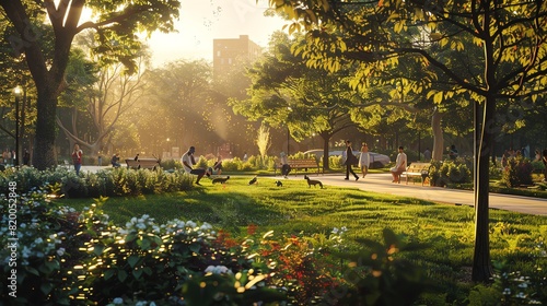 Urban park, diverse flora and fauna, people enjoying nature, late afternoon sun, wideangle shot, lively and green