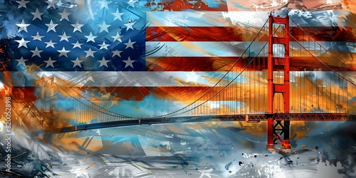 Rustic American flag merges with Golden Gate Bridge in nostalgic grunge art. Concept Art, Rustic American Flag, Golden Gate Bridge, Nostalgic, Grunge