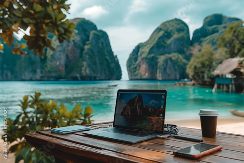 digital nomad's beachside workspace with laptop and ocean view