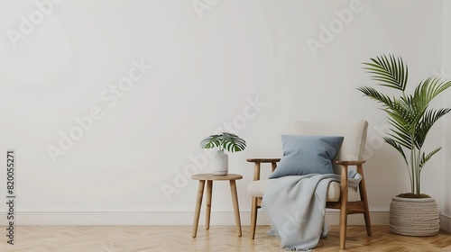 Modern boho cozy corner of home in living room Gray vintage armchair with blue pillow and blanket table with green plant in pot wooden floor on light wall background copy space mockup : Generative AI