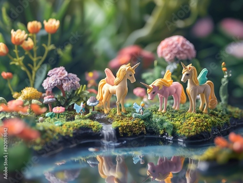 A group of unicorns are standing in a field of flowers. The scene is peaceful and serene, with the unicorns and flowers creating a sense of magic and wonder