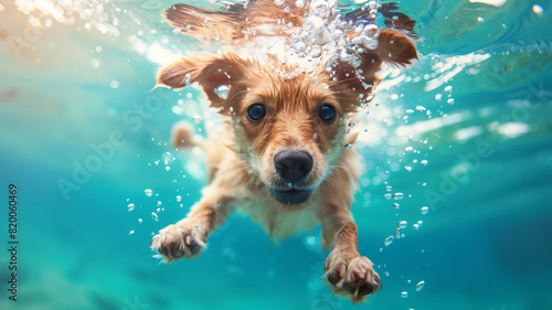 An underwater view of a golden retriever swimming, with bubbles surrounding its face and paws. The clear blue water and playful expression capture the joy and adventure