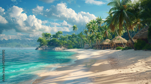 Tropical paradise beach with palm trees swaying gently under a bright summer sky
