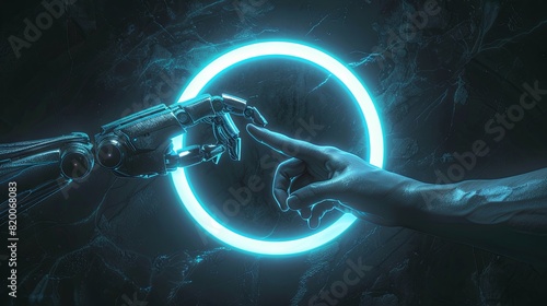 Photo of an art piece depicting the creation of Adam, but with robot's hand and human hands reaching towards each other in front of neon blue circle. The background is dark black, highlighting the con