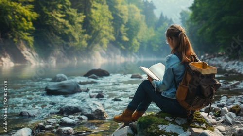 Girl reads by serene river.