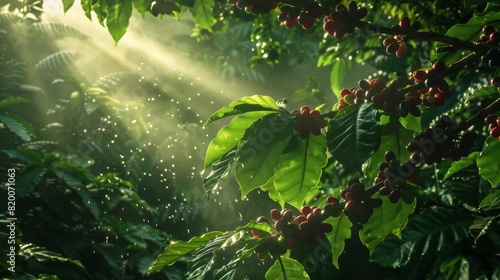 Beneath the coffee tree canopy, fresh arabica beans glistening, sunlight filtering through lush leaves