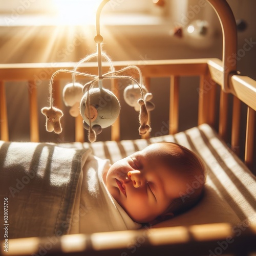 Un bambino che dorme pacificamente nel lettino, con le braccia distese e il respiro regolare. 