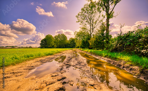 Big clouds passing over a muddy country road with puddles of water in a rural landscape in The Netherlands.