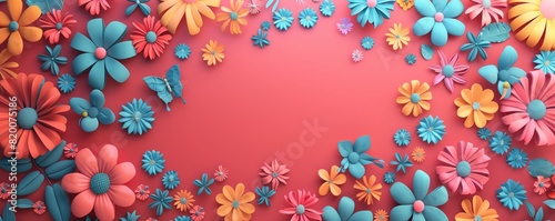 Various paper flowers in vibrant colors arranged on a bright red background