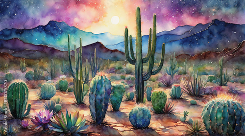 Cactus field in the desert in a sunset iridescent sky, watercolor painting style, generative AI.