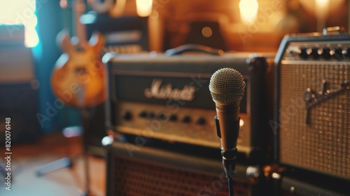 A dynamic microphone in front of a guitar amplifier, set up for a live music performance.
