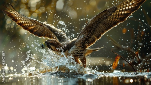 Falcon diving to catch a fish, shot as soon as falcon beak touches the water