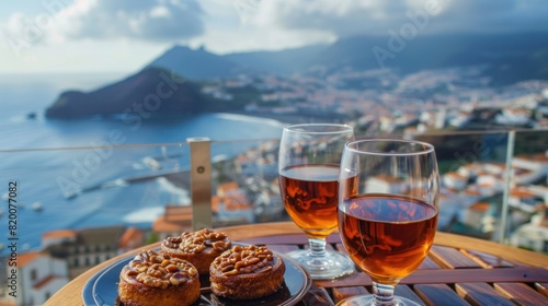 In a cafe overlooking Funchal town, Madeira, Portugal, one can enjoy a traditional Portuguese honey and nut delicacy called bolo de mel along with two glasses of Madeira