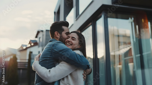 Couple in love hugging in front of their new modern house, real estate new home concept