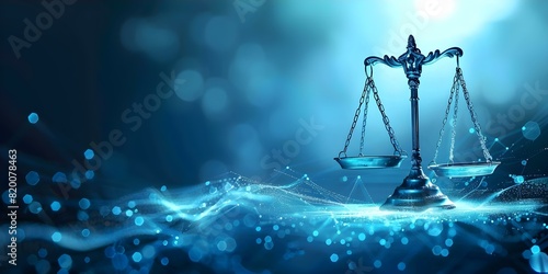 Futuristic Blue Digital Scales of Justice on Data Network Background. Concept Digital Justice, Futuristic Concepts, Data Networks, Blue Aesthetics