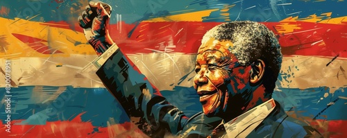 Painting of Nelson Mandela in front of a flag