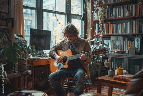 Man playing guitar in chair in living room with furniture and houseplant