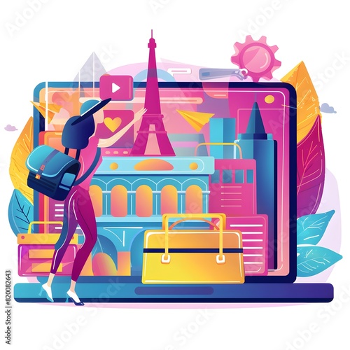 Colorful illustration of a tourist exploring Paris landmarks on a laptop screen, showcasing Eiffel Tower, Notre-Dame, and technology.