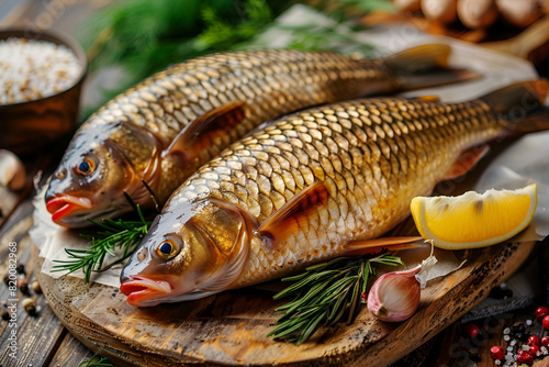 Two fresh river carps lie on a board against a background of spices. Side view, close up.