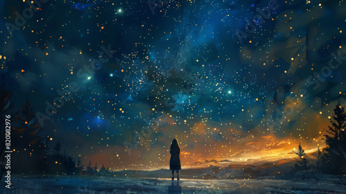 A woman stood looking at the night sky with beautiful twinkling stars. The night was calm and still, the stars twinkling like diamonds against the dark backdrop, creating a serene