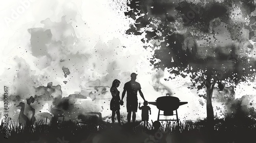 Backyard barbecue flat design side view family theme watercolor black and white