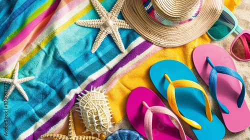 Close-up of colorful nail polish, holding a beach towel and sun umbrella, summer vibes