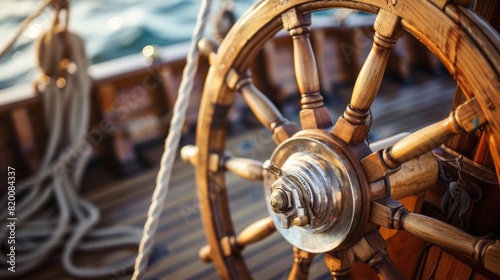 Steering wheel and marine ropes on the old ship for your concept of marine voyage under sails. Nautical equipment on ancient sailing vessel with a wooden wheel of captain