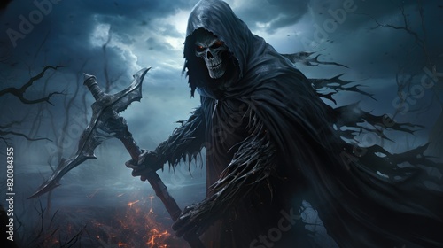The Grim Reaper: a personification of mortality, this spectral being, dressed in black, represents the finality of death and the universal journey that every soul has to make.