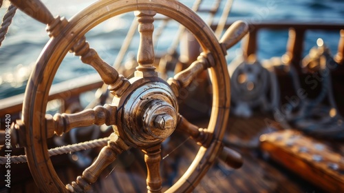 Steering wheel and marine ropes on the old ship for your concept of marine voyage under sails. Nautical equipment on ancient sailing vessel with a wooden wheel of captain