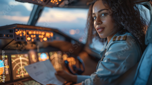 Confident Female Pilot in Aircraft Cockpit at Twilight