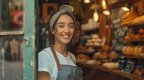 a friendly shopkeeper standing in the doorway of a bakery, her smile reflecting the shop's hospitable atmosphere.