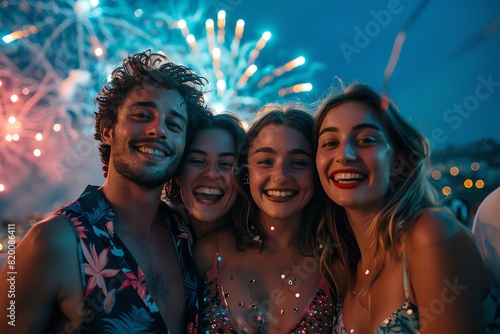 Group of friends, rooftop view, fireworks display, mid angle, deep blues and bright bursts, fun and lively