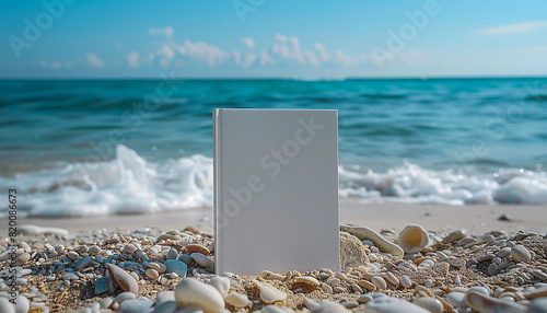 Empty book mockup on sandy beach generated.AI