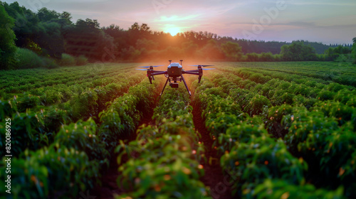 a drone hovering over a field of agricultural crops